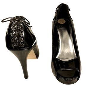 JOEY O | Black Faux Patent Leather Peep Toe Stiletto‎ Heel Pumps 7 Lace Up Goth